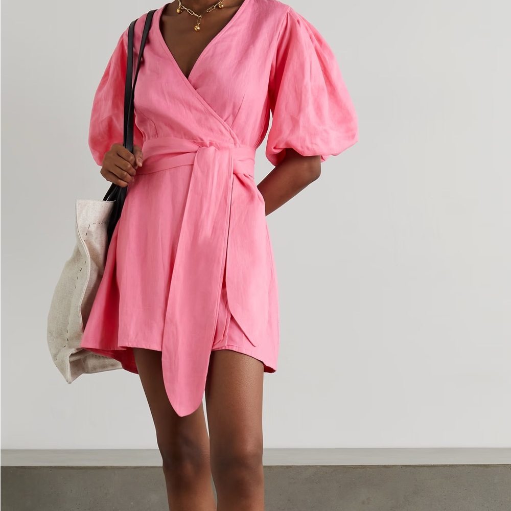 Faithful the brand mini pink puff sleeve tie belt dress